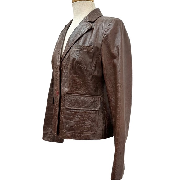 LOFT Brown Reptile Embossed Leather Two-Button Blazer Jacket - Picture 6 of 10